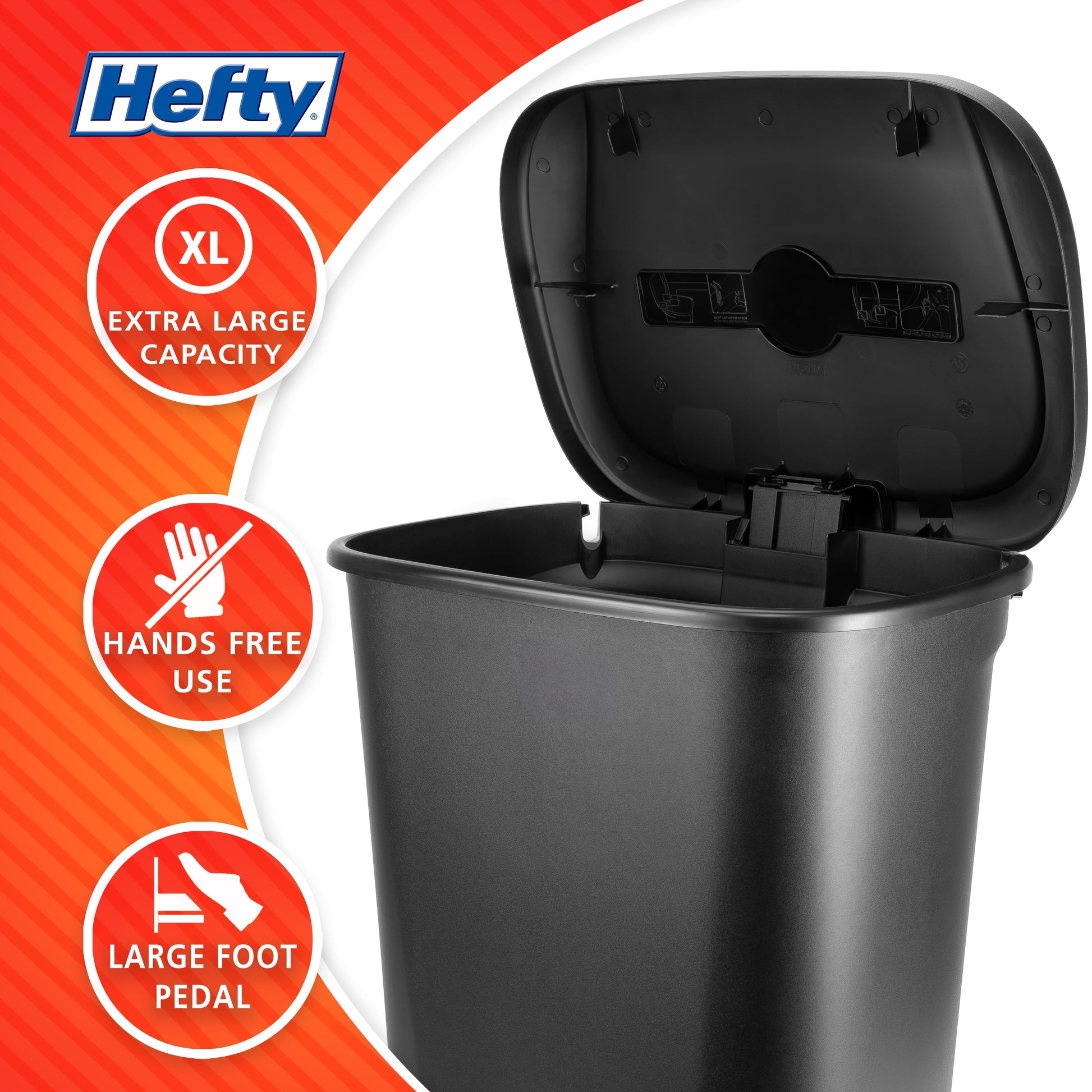 Hefty Kitchen Trash Can, 20.1 Gallon Plastic Step Garbage Bin with Foot Pedal Lid, Black