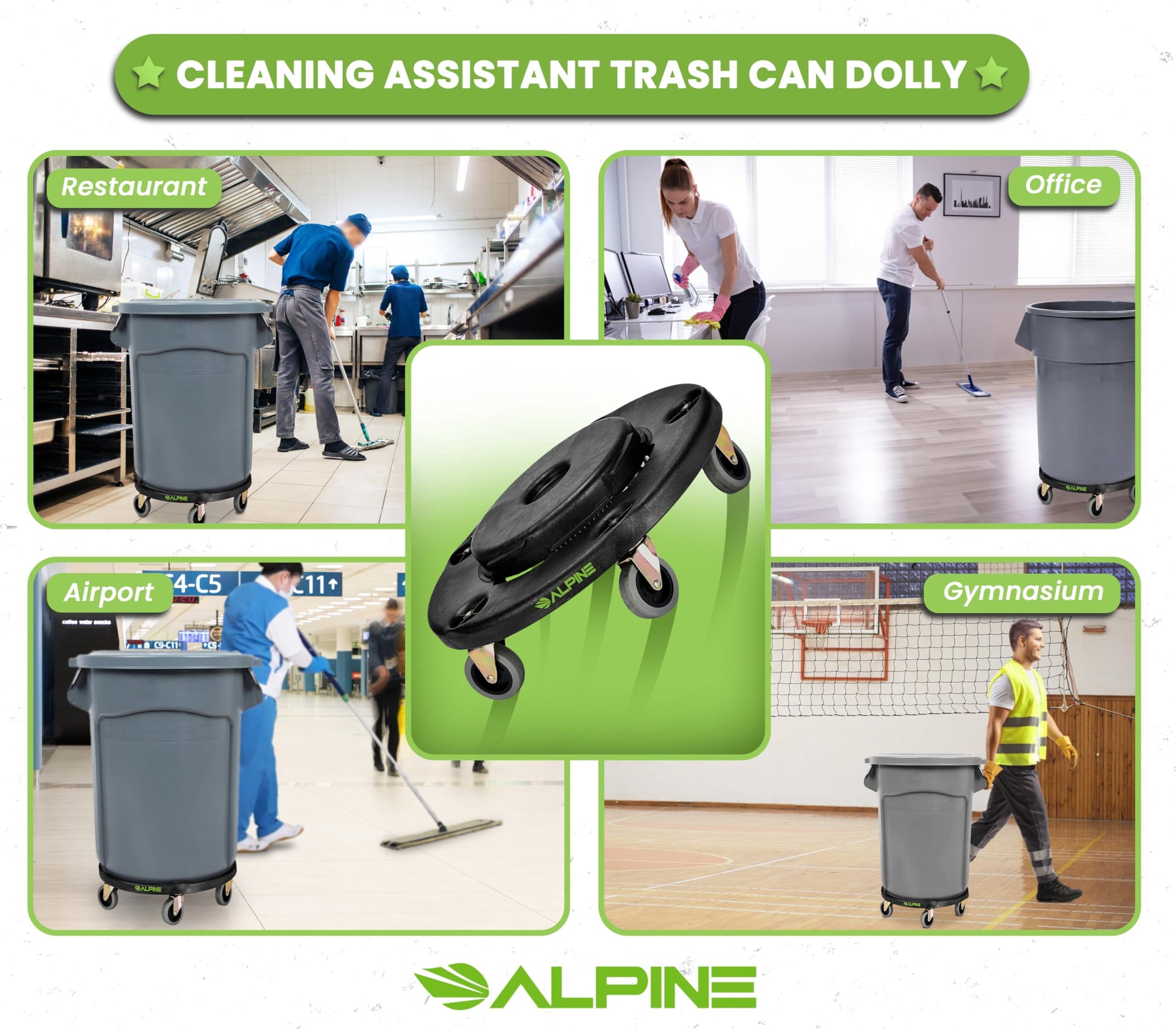Alpine Rolling Brute Trash Can Dolly - Trash Can Dolly with Wheels / Trash Can Roller Base for Round 20, 32, 44, or 55 Gallon Garbage Bins, Heavy Duty Holds Up to 500 lbs. (Black)