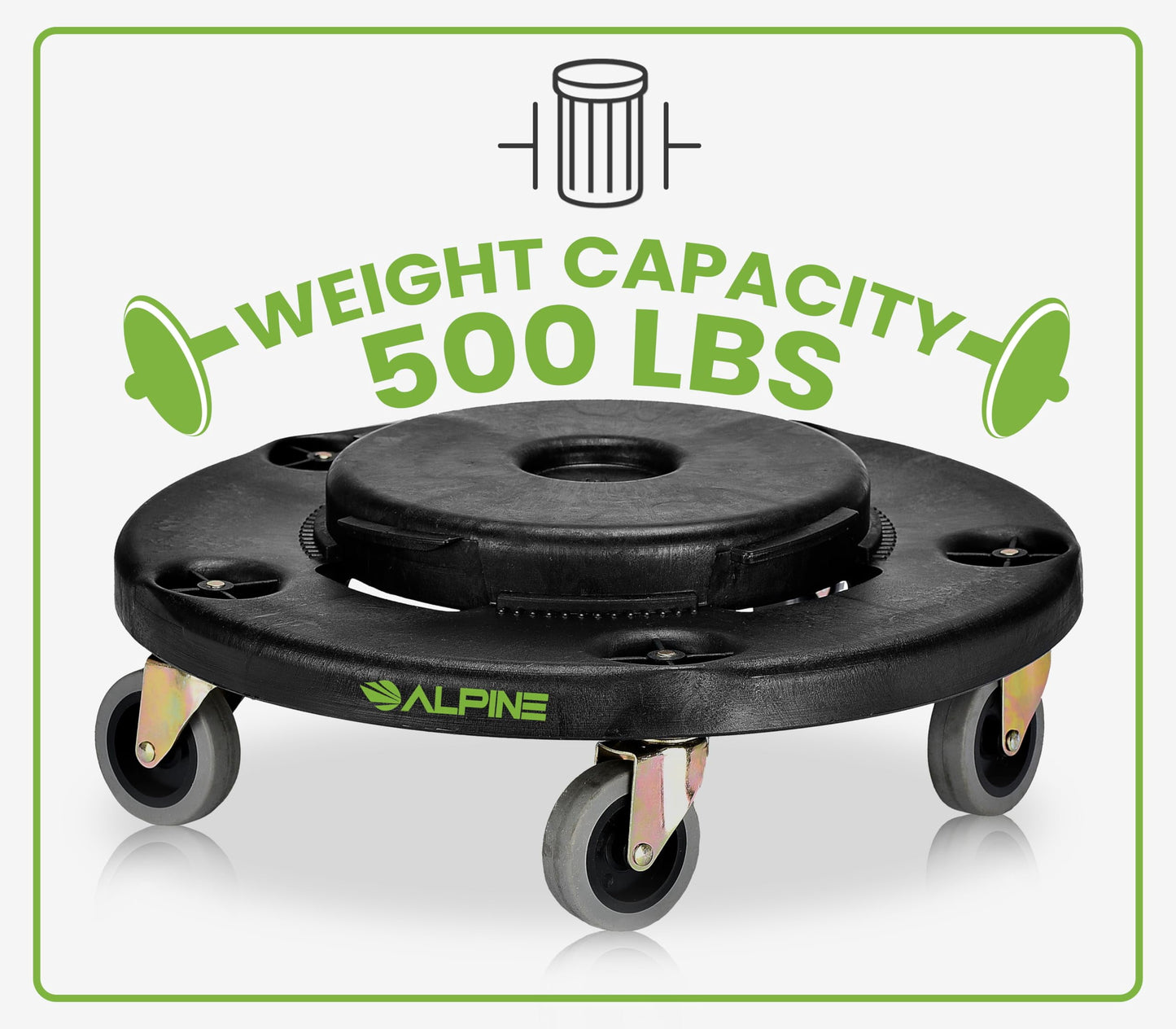 Alpine Rolling Brute Trash Can Dolly - Trash Can Dolly with Wheels / Trash Can Roller Base for Round 20, 32, 44, or 55 Gallon Garbage Bins, Heavy Duty Holds Up to 500 lbs. (Black)