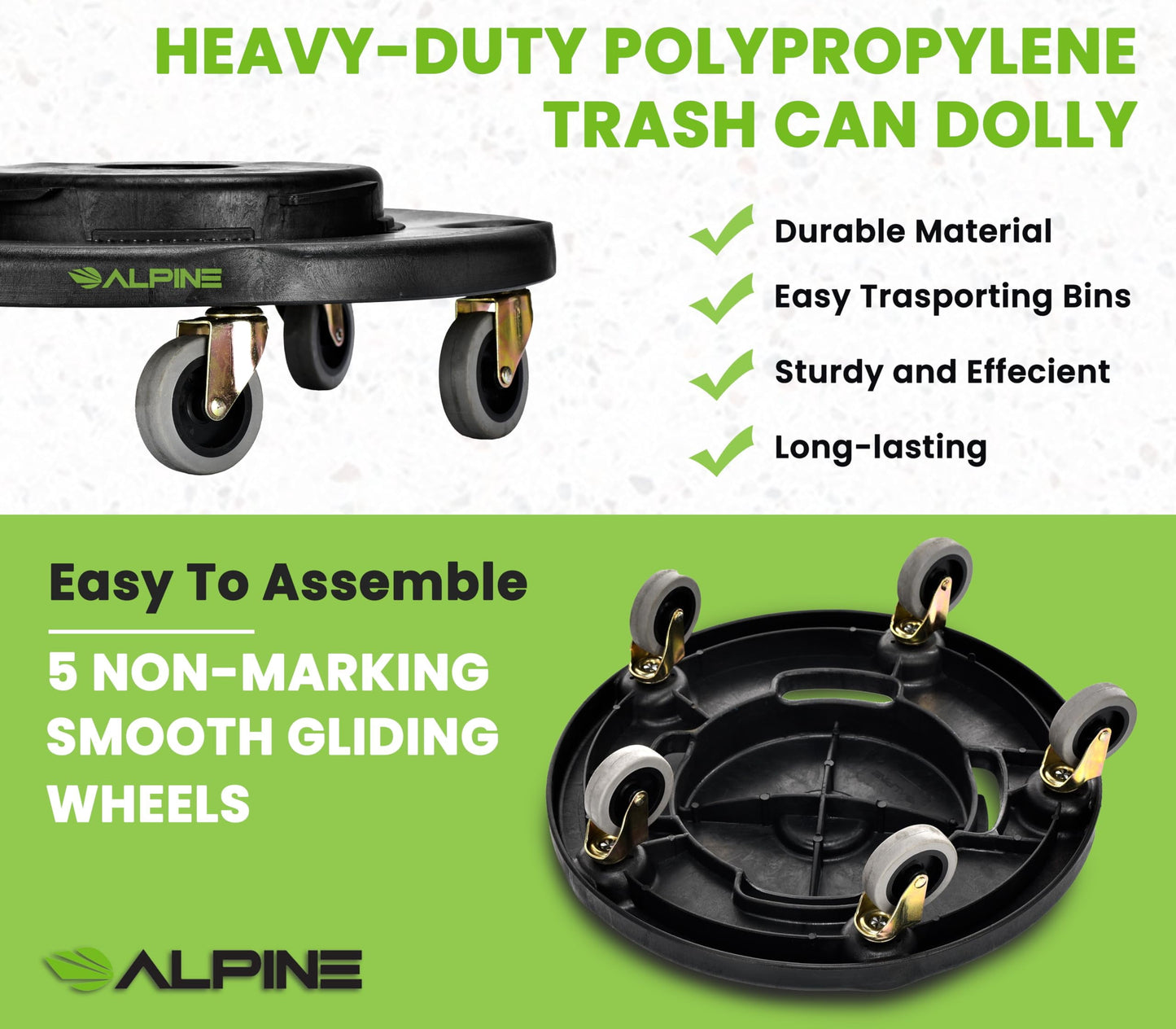 Alpine Rolling Brute Trash Can Dolly - Trash Can Dolly with Wheels / Trash Can Roller Base for Round 20, 32, 44, or 55 Gallon Garbage Bins, Heavy Duty Holds Up to 500 lbs. (Black)