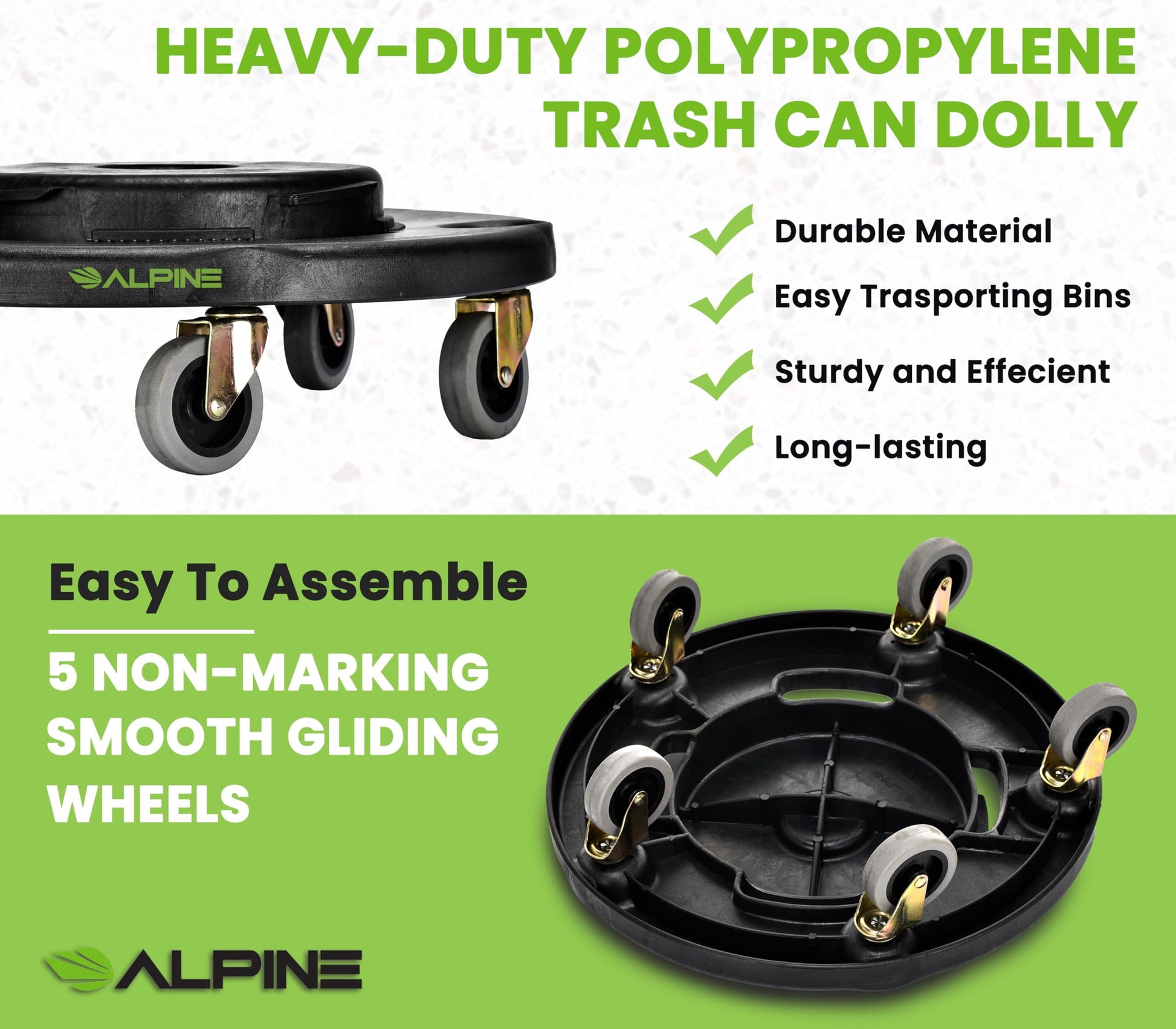 Alpine Rolling Brute Trash Can Dolly - Trash Can Dolly with Wheels / Trash Can Roller Base for Round 20, 32, 44, or 55 Gallon Garbage Bins, Heavy Duty Holds Up to 500 lbs. (Black)