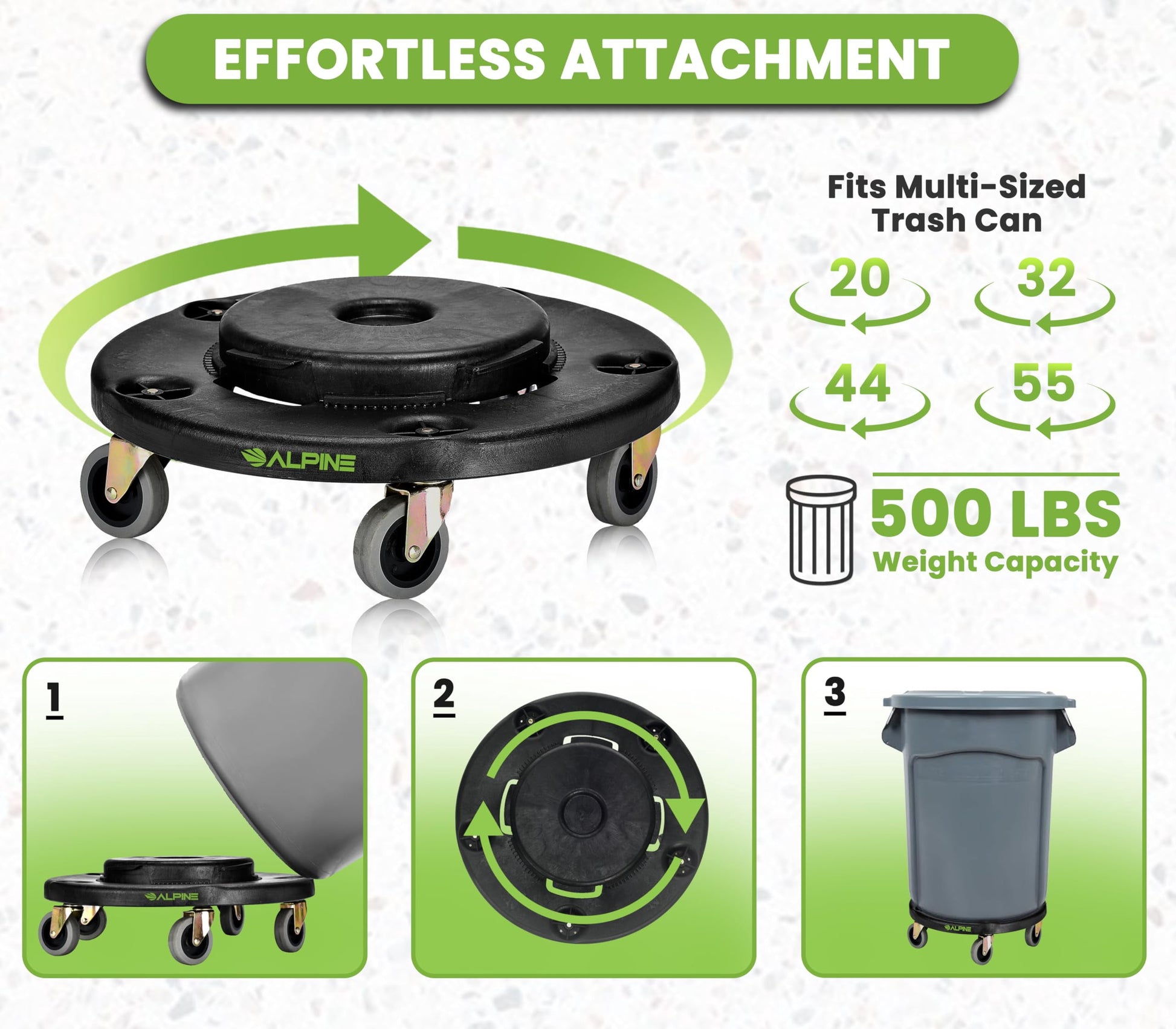 Alpine Rolling Brute Trash Can Dolly - Trash Can Dolly with Wheels / Trash Can Roller Base for Round 20, 32, 44, or 55 Gallon Garbage Bins, Heavy Duty Holds Up to 500 lbs. (Black)