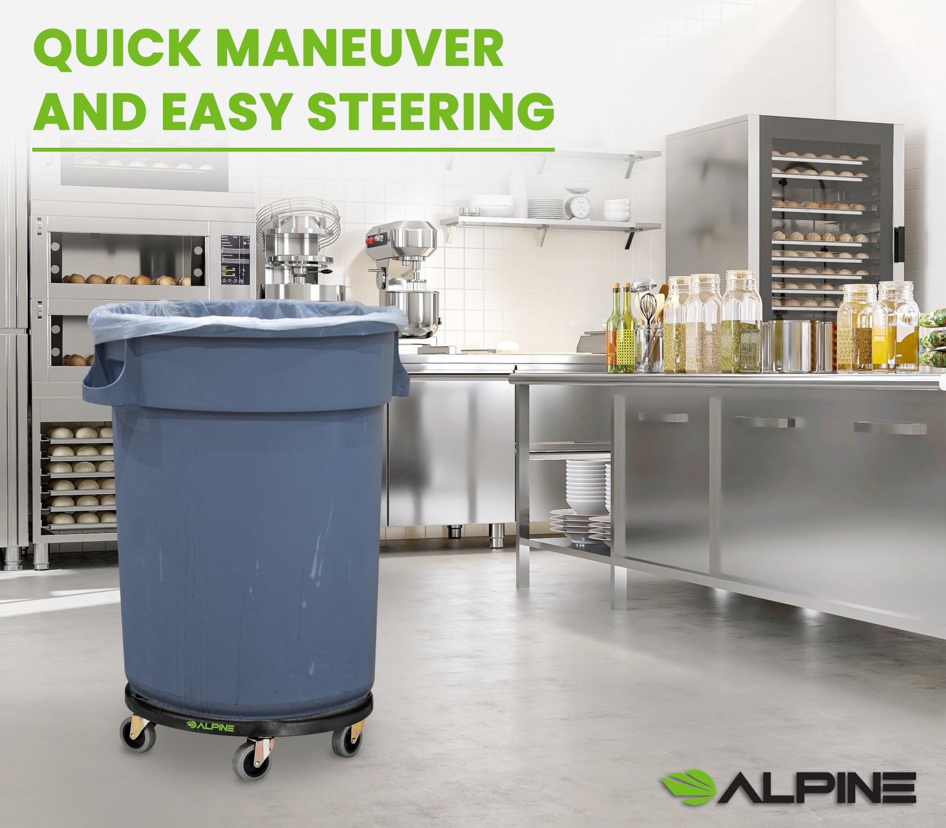 Alpine Rolling Brute Trash Can Dolly - Trash Can Dolly with Wheels / Trash Can Roller Base for Round 20, 32, 44, or 55 Gallon Garbage Bins, Heavy Duty Holds Up to 500 lbs. (Black)