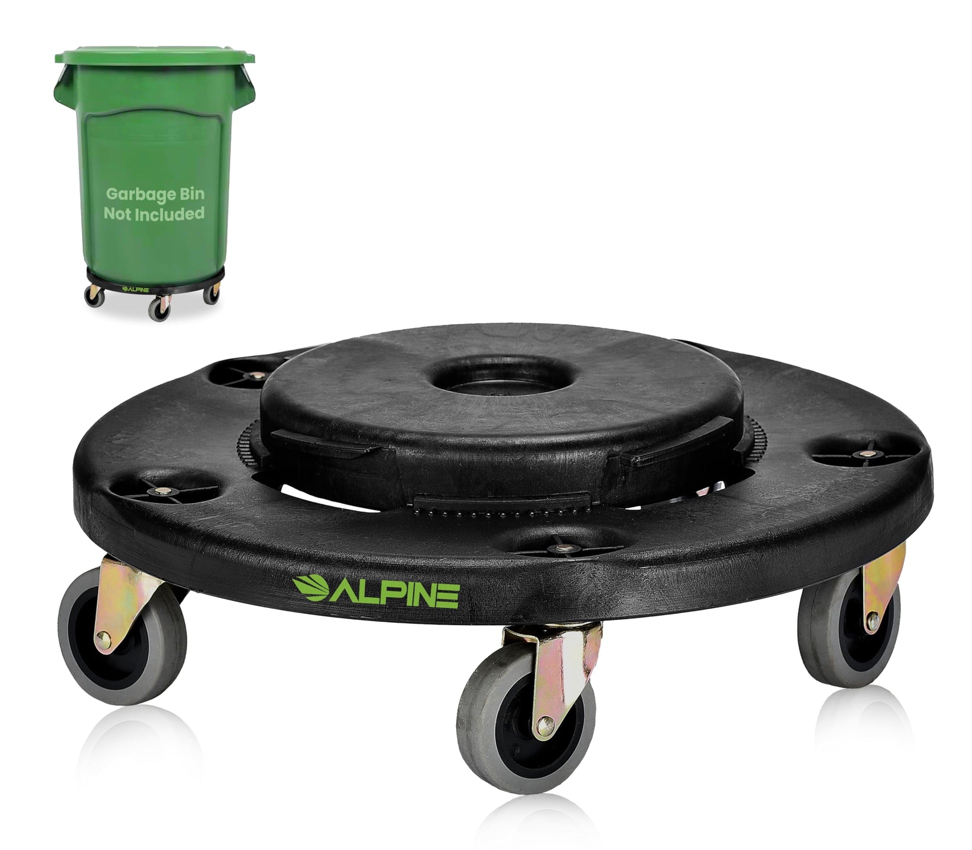 Alpine Rolling Brute Trash Can Dolly - Trash Can Dolly with Wheels / Trash Can Roller Base for Round 20, 32, 44, or 55 Gallon Garbage Bins, Heavy Duty Holds Up to 500 lbs. (Black)