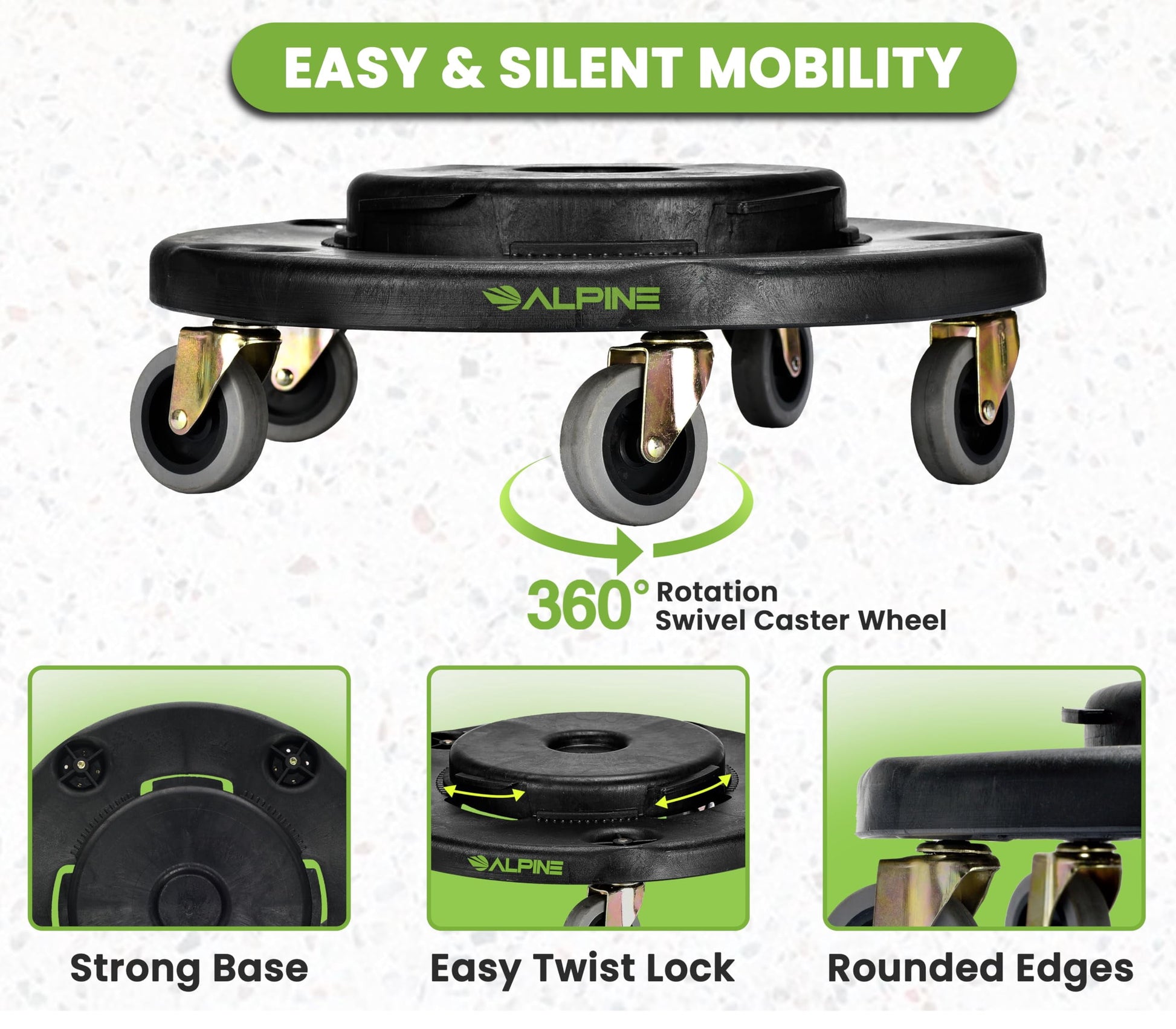 Alpine Rolling Brute Trash Can Dolly - Trash Can Dolly with Wheels / Trash Can Roller Base for Round 20, 32, 44, or 55 Gallon Garbage Bins, Heavy Duty Holds Up to 500 lbs. (Black)