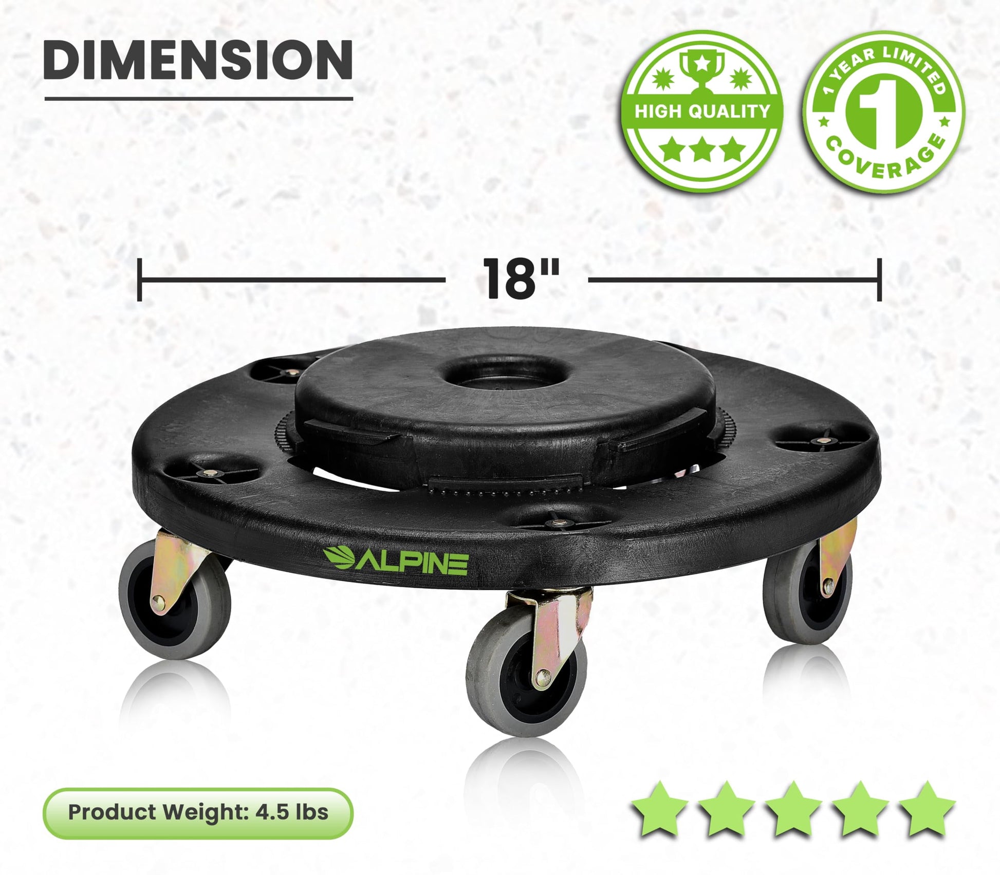 Alpine Rolling Brute Trash Can Dolly - Trash Can Dolly with Wheels / Trash Can Roller Base for Round 20, 32, 44, or 55 Gallon Garbage Bins, Heavy Duty Holds Up to 500 lbs. (Black)