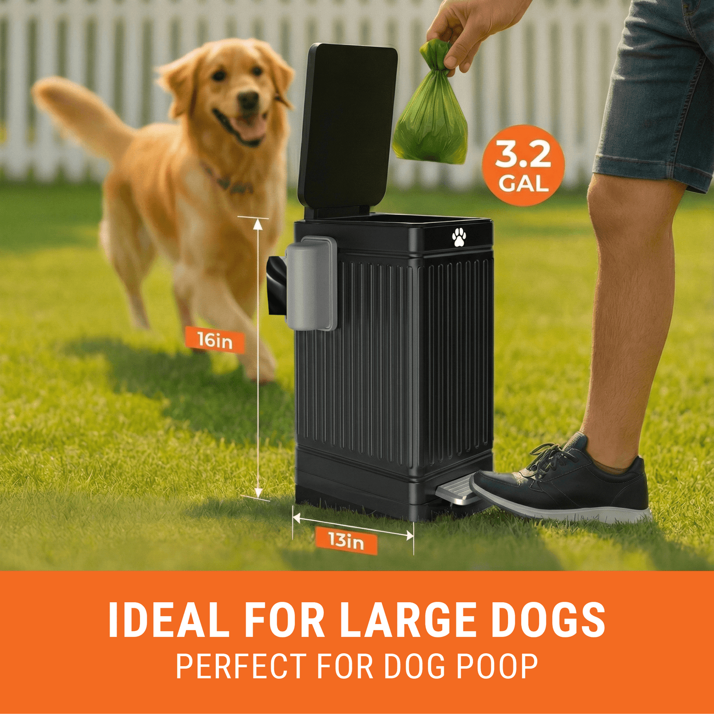 Large Dog Poop Trash Can Outside, 3.2 Gal Metal Dog Waste Trash Can with Lid Outdoor, Pedal Poop Bin