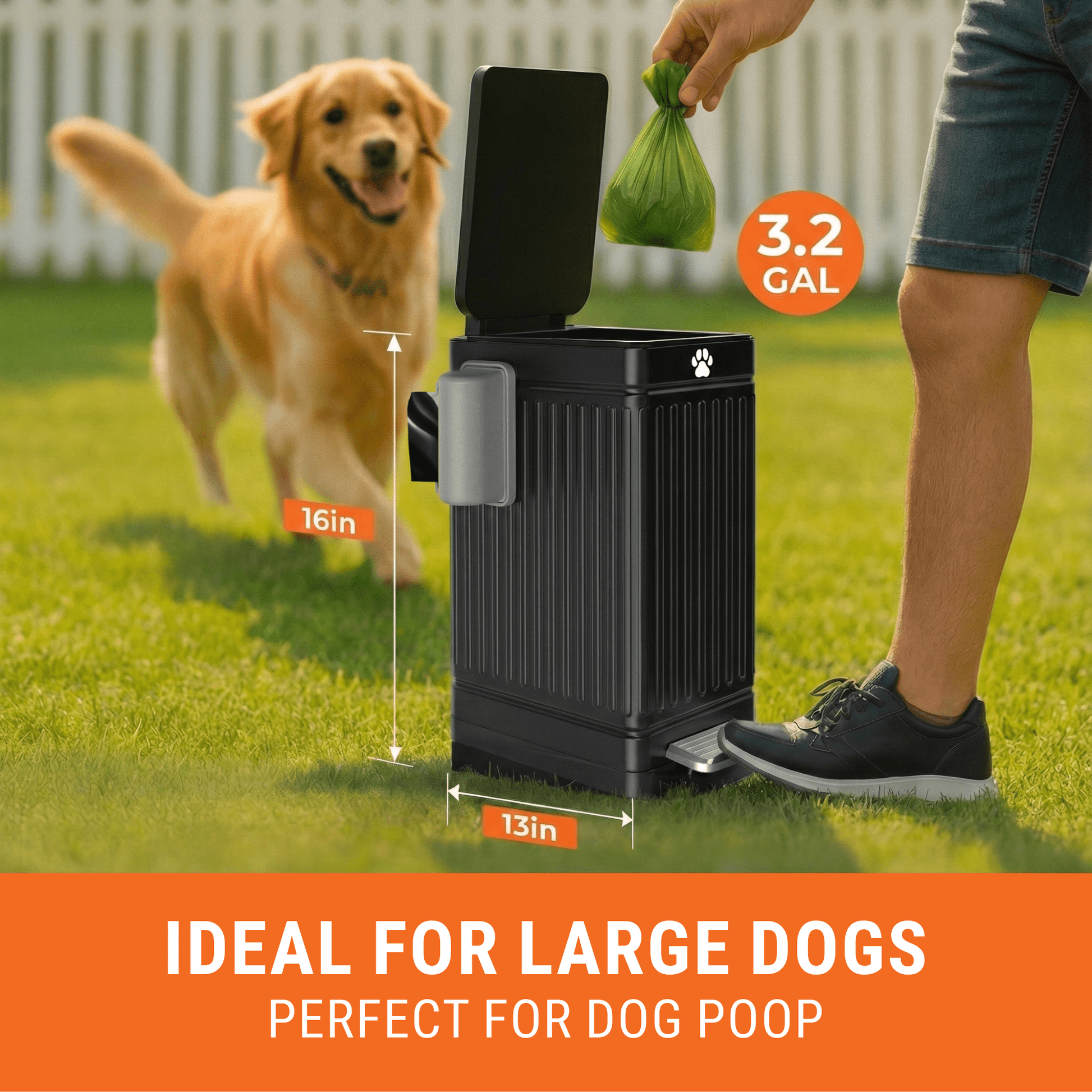 Large Dog Poop Trash Can Outside, 3.2 Gal Metal Dog Waste Trash Can with Lid Outdoor, Pedal Poop Bin